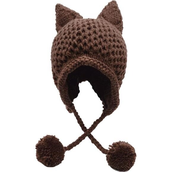 Winter Cute Cat Ears Knit Hat Ear Flap Crochet Beanie Hat, Brown